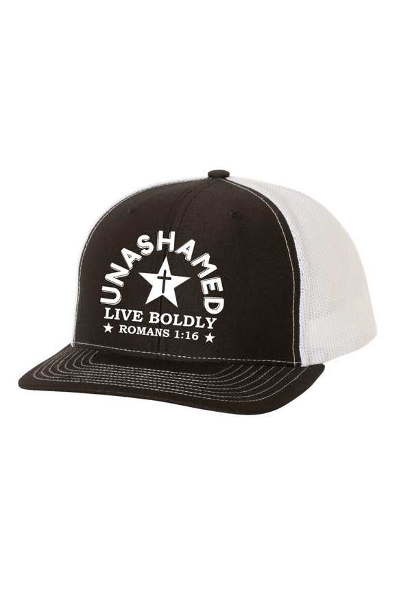 Christian Unashamed Live Boldly Romans 1:16 Mens Embroidered Mesh Back Trucker Hat, Black/White
