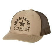 Christian Unashamed Live Boldly Romans 1:16 Mens Embroidered Mesh Back Trucker Hat, Khaki/Brown