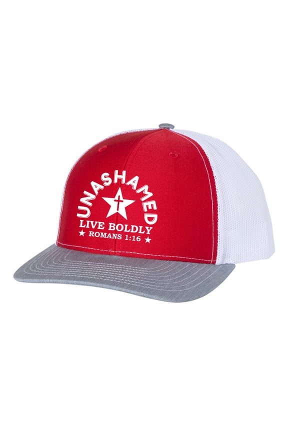 Christian Unashamed Live Boldly Romans 1:16 Mens Embroidered Mesh Back Trucker Hat, Red/Heather Grey/White