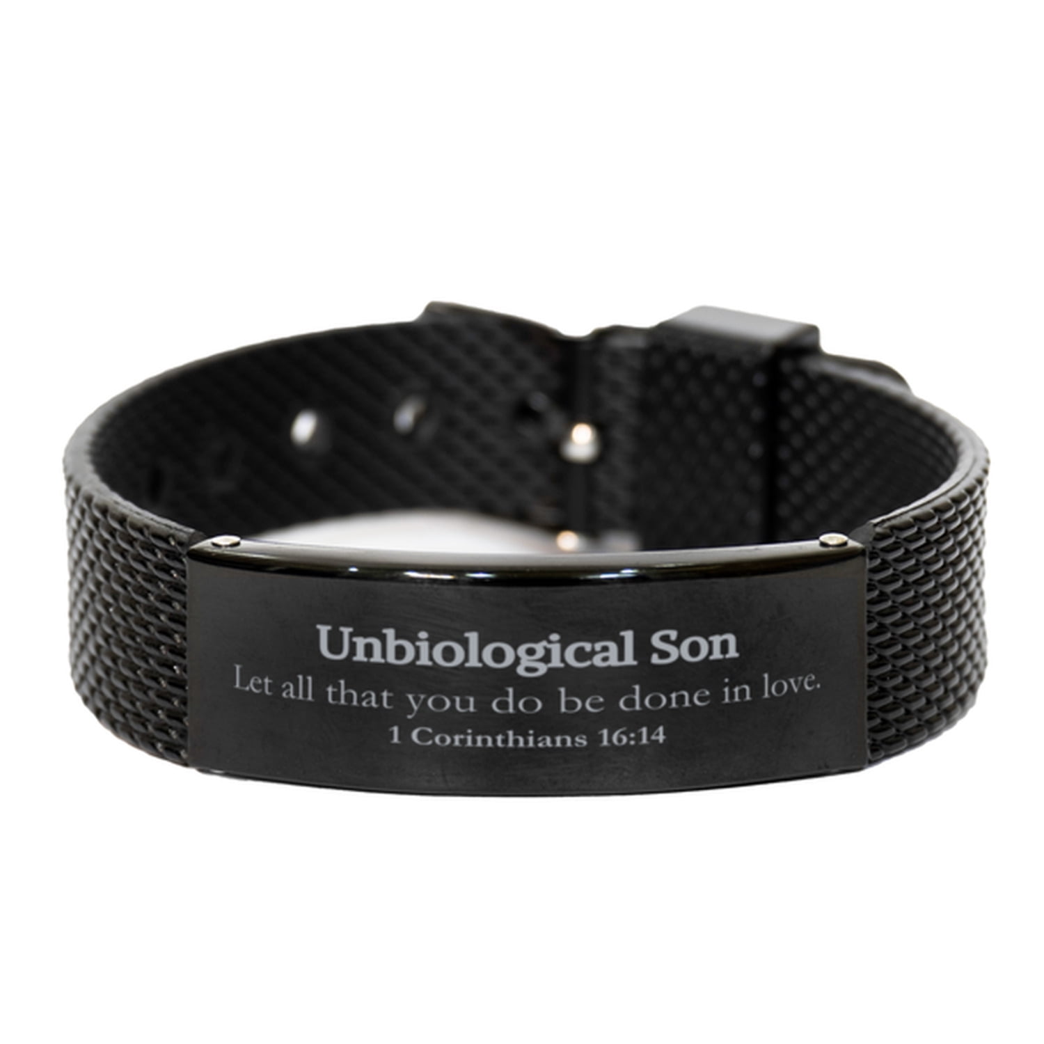 Christian Unbiological Son Gifts, Let all that you do be done in love, Bible Verse Scripture Black Shark Mesh Bracelet, Baptism Confirmation Gifts for Unbiological Son