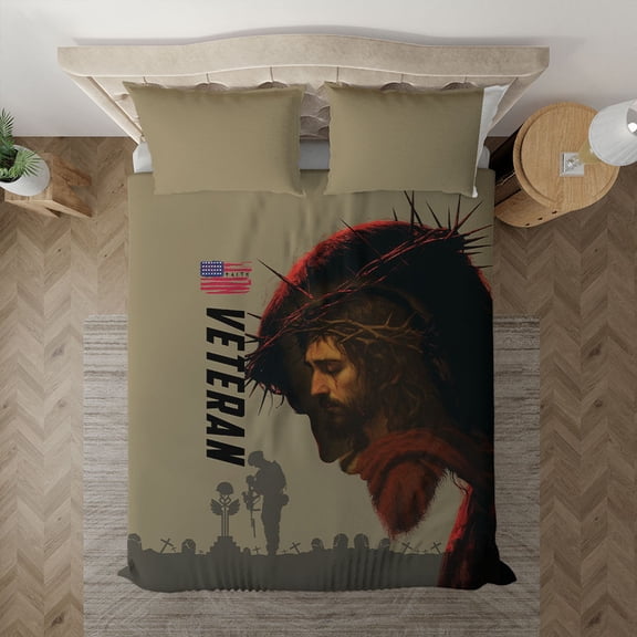 Christian Veteran Bedding Set, Jesus Military Tribute Duvet Cover & Pillowcases, Faith Soldier Memorial Bed Set
