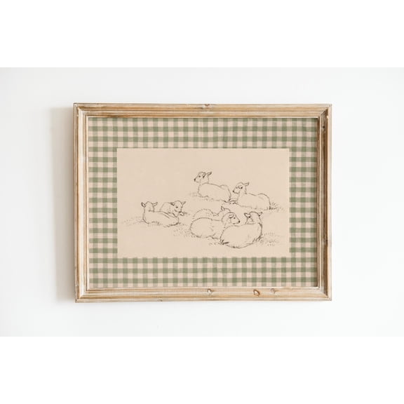 Christian Vintage Wall Art Green Gingham Cottage Core Home Decor Nursery Scripture Print Bible Verse Art Lamb Drawing Plaid, Unframed Paper Poster 8x10in