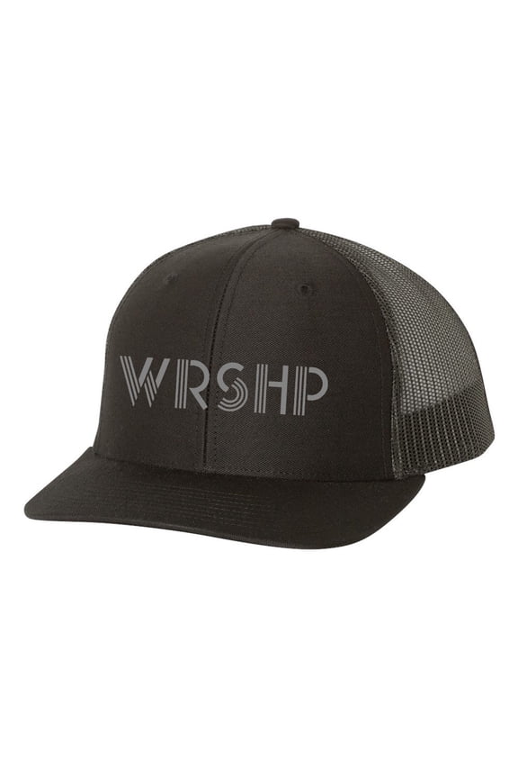 Christian WRSHP Worship Jesus Mens Embroidered Mesh Back Trucker Hat, Black/Black