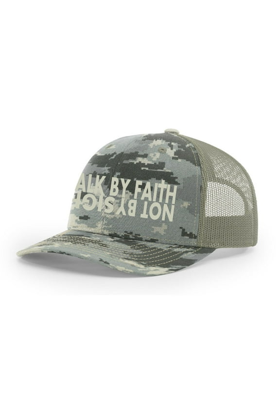 Christian Walk By Faith Not By Sight Mens Embroidered Mesh Back Trucker Hat, Digi Camo/Light Green