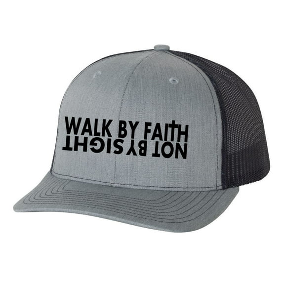 Christian Walk By Faith Not By Sight Mens Embroidered Mesh Back Trucker Hat, Heather Grey/Black