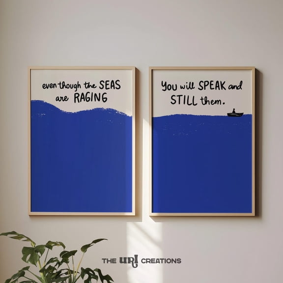 Christian Wall Art Blue Coastal Home Decor Retro Bible Verse Motivational Navy Blue Scripture Set 2 Unframed Paper Print 8x12