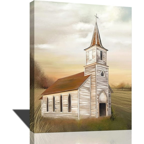 Christian Wall Art Country Church Canvas Decor Retro Rustic Church Painting Vintage Farmhouse Artwork Christian Pictures for Wall Religion Faith Framed Wall Decor for Living Room Bedroom 12"x16"