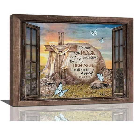 Christian Wall Art Farmhouse Religious Bible Verse Psalm Wall Decor Scripture Pictures Cross Stone Cross Canvas Painting Prints Framed Modern Decoration for Bedroom Living Room 12"x16"