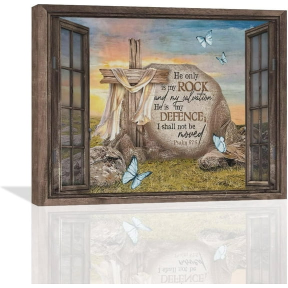 Christian Wall Art Farmhouse Religious Bible Verse Psalm Wall Decor Scripture Pictures Cross Stone Cross Canvas Painting Prints Framed Modern Decoration for Bedroom Living Room 16''x20''