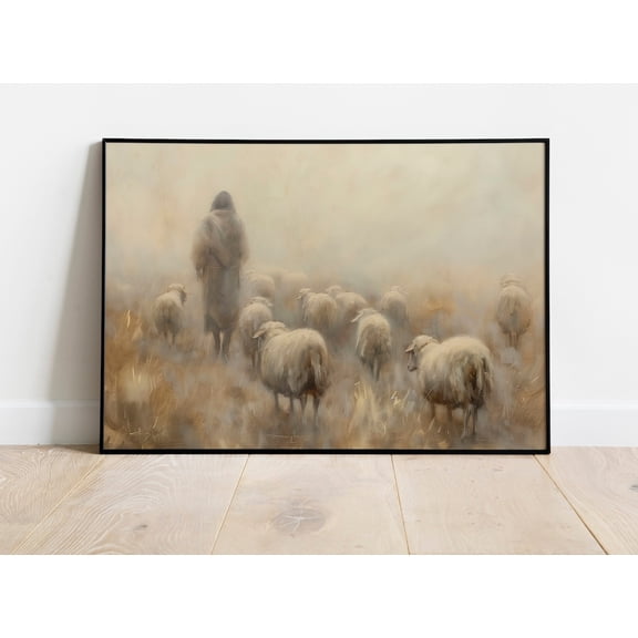 Christian Wall Art Foggy Landscape Jesus with Flock of Sheep Good Shepherd, Stretched Canvas 8x10in