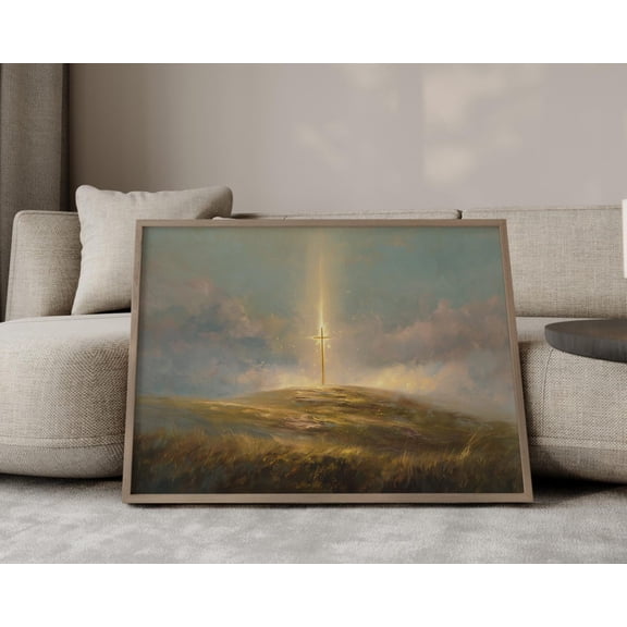 Christian Wall Art Golden Cross in Heaven Faith Inspired Religious Decor, Unframed Paper Poster 8x10in