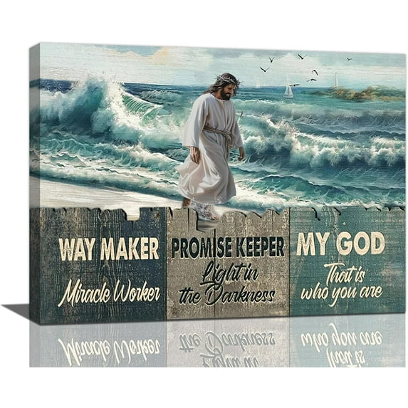Christian Wall Art Jesus Beach Pictures Wall Decor Ocean Canvas Prints Framed Artwork Paintings Gifts Decorations for Home Bathroom Kitchen Bedroom Living Room Office 16"x12"