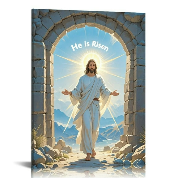 Christian Wall Art Jesus Leaves the Tomb Canvas Painting Resurrected Savior Leaves the Tomb Posters Prints He Is Risen Pictures for Church Home Bedroom living room Home Wall Decor Framed