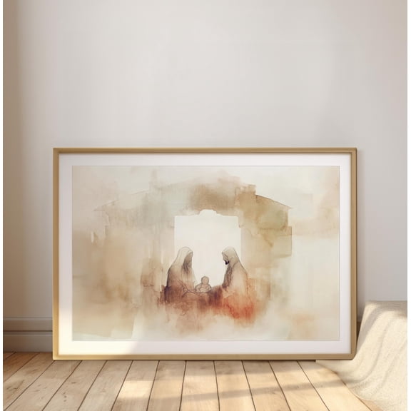 Christian Wall Art, The Nativity Landscape, Kristmas Horizontal Print, Abstract Modern, Jesus Minimalist Warm Present Vintage UNFRAMED Poster Size 16x24
