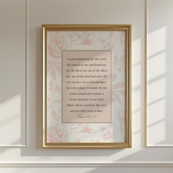 Christian Wall Art Psalm 40 1-3 Scripture Artwork With Pink Floral Background Inspirational Bible Verse Home Decor For Living Room Wall Art, Modern Wall Decor, 24x36 UNFRAMED