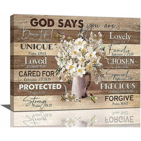 Christian Wall Art Rustic Flower Pictures Wall Decor Country Farmhouse Bible Verse Painting Inspirational Canvas God Says You Are Prints Modern Framed Home Decor for Bathroom Bedroom Office 16"x12"