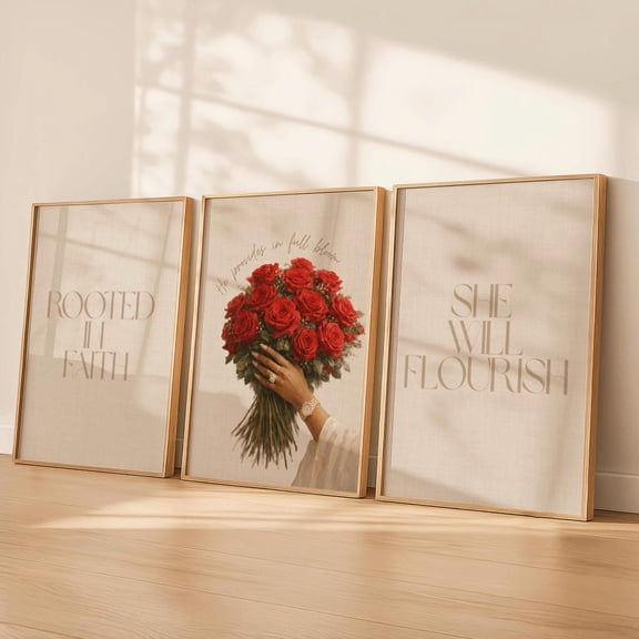 Christian Wall Art Trio Rooted in Faith She Will Flourish Floral Bible Verse Art, Poster Only