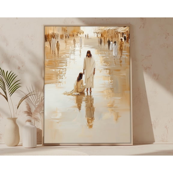 Christian Wall Art Woman Touches Jesus Print, Woman Healed Art Printable, Bible Art, Faith Art, Jesus Poster, UNFRAMED Poster, Wall Art for Decor, Present, 8x12