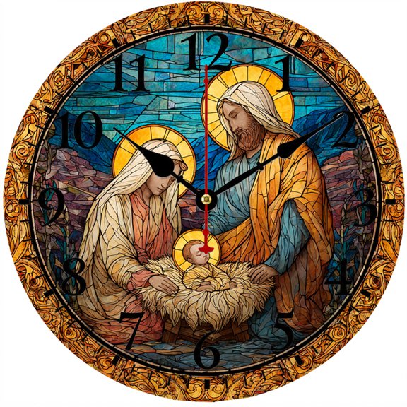 Christian Wall Clock 9.84 Inch, Stained Glass Style Nativity Jesus Religious Decor, Battery Operated Round Analog Clock with Easy to Read Numbers for Living Room Bedroom Church Home Wall Decoration