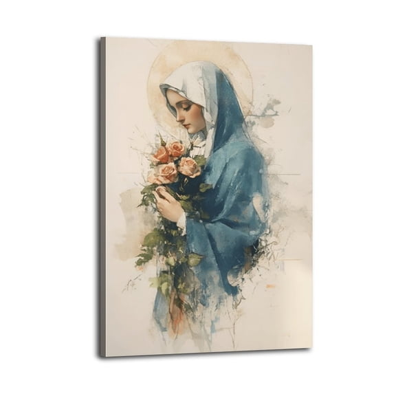 Christian Wall Decor,Blessed Virgin Mary,Mother Mary Poster Wrapped Wooden Frame Wall Decor,,Canvas Wall Art for Living Room,Bedroom,Office,Ready to Hang