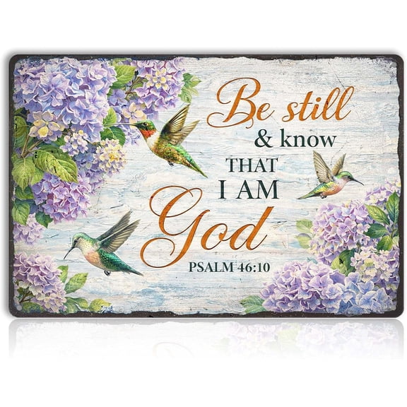 Christian Wall Decor Metal Tin Sign Be Still And Know That I Am God Scripture Wall Art with Hummingbird Flowers, 12x8 Inch