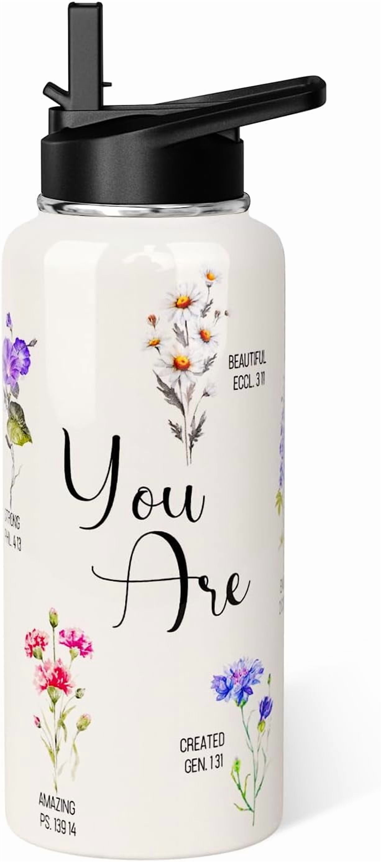 Christian Insulated Water Bottle 32oz, Religious Gift for Women Girls - Flip Straw Thermos Cup with Handle, Inspirational Scripture Design