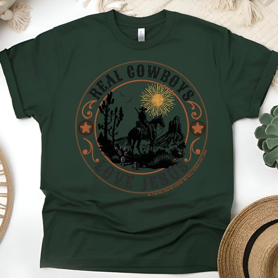 Christian Western T-Shirt – Real Cowboys Love Jesus Graphic Tee, Faith and Country Style, Forest Green, Size S