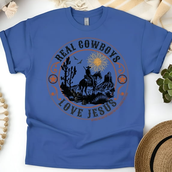 Christian Western T-Shirt – Real Cowboys Love Jesus Graphic Tee, Faith and Country Style, Royal, Size 2XL