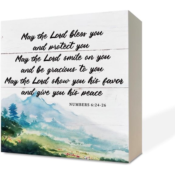 Christian Wood Signs, Bible Verse Numbers 6:24-26 - May the Lord Bless You and Protect You, Box Sign Decor Tabletop 5" x 5", Decorative Wooden Table Sign, Christian Gifts for Women Men