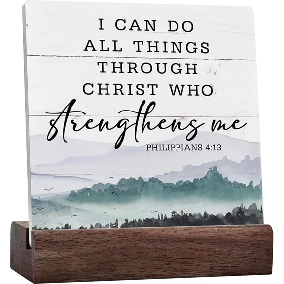 Christian Wood Signs,Bible Verse Philippians 4:13 - I Can Do All Things Through Christ Who Strengthens Me,Ceramic Desk Sign Decor Tabletop,Inspirational Home Desk Decor,Gift for Friends Family