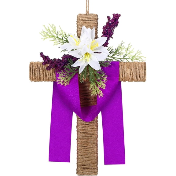 Christian Wreaths for Front Door, He is Risen Cross Easter Wreath Lent Wooden Religious Cross Hanging Decor for Wall Window Porch, Spring Seasonal Home Decorations