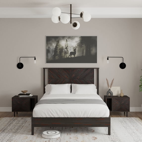 Christiana 49" Platform Bed Frame Queen with Headboard, Rustic, Solid Wood, Black