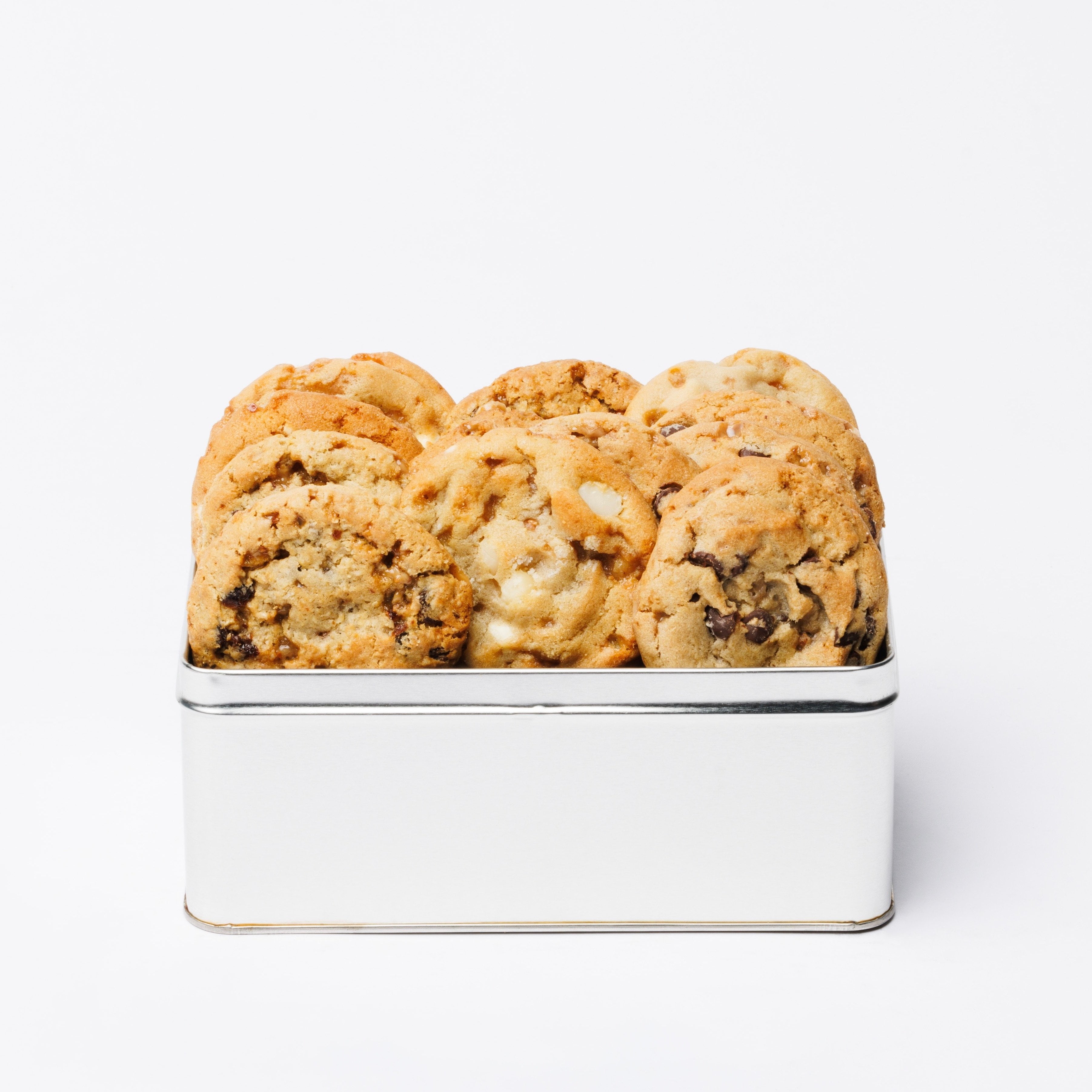 Christie Cookie Co Gourmet Gift Tin Classic Assortment, 12 Count with Chocolate Chip, Oatmeal Raisin and White Chocolate Macadamia Nut Cookies