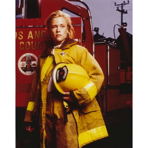 Christine Elise standing in Firefighter Outfit Photo Print (8 x 10)