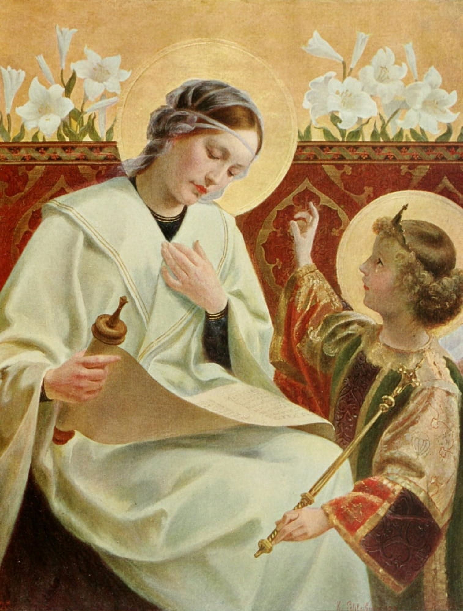 Christliche Kunst 3 1906 Madonna with Lilies Canvas Art - Unknown (24 x 36)