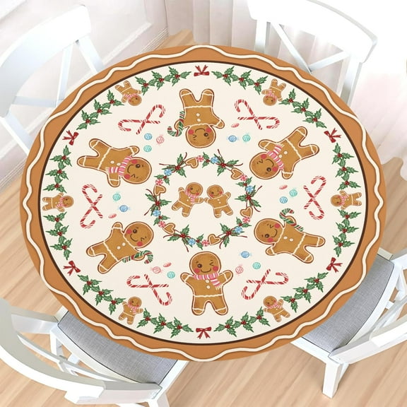 Christm Gingerbread Man Round Fitted Tablecloth with Elastic Edge,Water-Resistant Wipeable Picnic Christma Table Cover for 48-52" Found Tables Xmas Table Cloth for Dinner,Outdoor,Patio,Camping