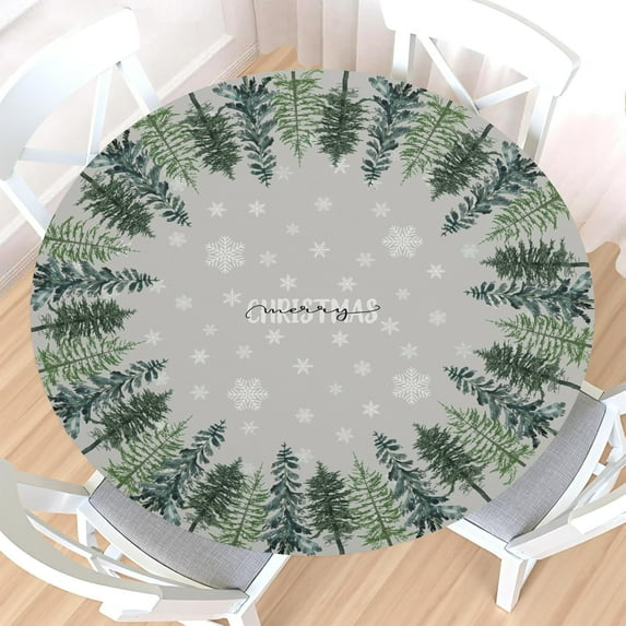 Christm Round Fitted Tablecloth with Elastic Edge,Water-Resistant Rustic Winter Grey Green Trees Snowflake Nature Forest Table Cover for 48-52" Found Tables Xmas Table Cloth for Dinner,Outdoor,Patio