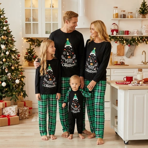 Christma Pajamas Family Matching Set Lettler Print Tops Green Plaid Holiday Pjs Sleepwear Outfits