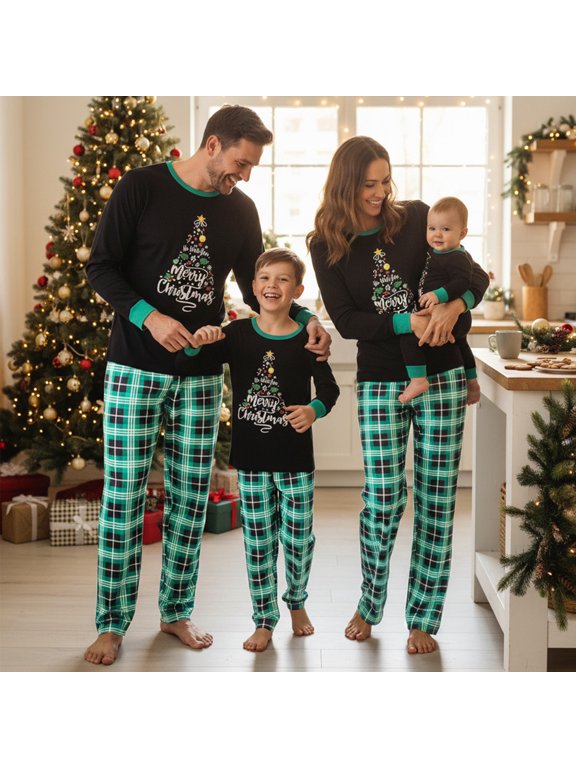 Christma Pajamas Family Matching Set Lettler Print Tops Green Plaid Holiday Pjs Sleepwear Outfits
