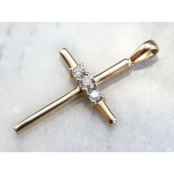 Christmas 1.25CT Moissanite Mens 3 stone Cross Pendant Yellow Gold Plated Silver