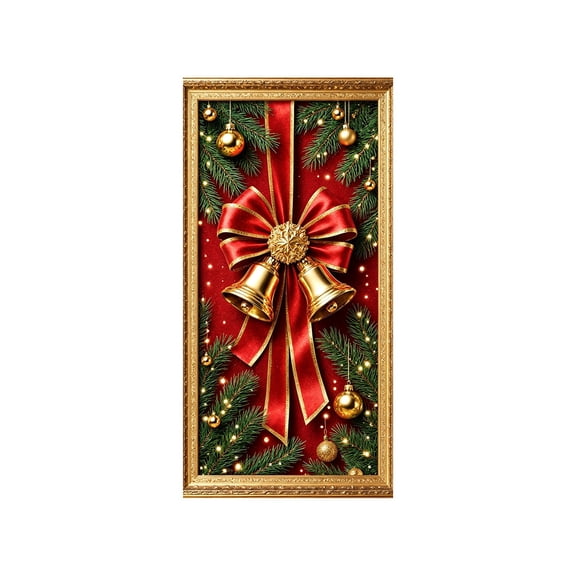 Christmas Bow Branch Door Cover Gold Festive Door Curtain Indoor Outdoor Holiday Decoration Flag