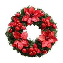 Christmas 11.8Inch Small Christmas Wreath for Front Door Artificial Greenery Spruce Wreath with 3 & Glittering Xmas Ornaments Holiday Home Wall丨Red