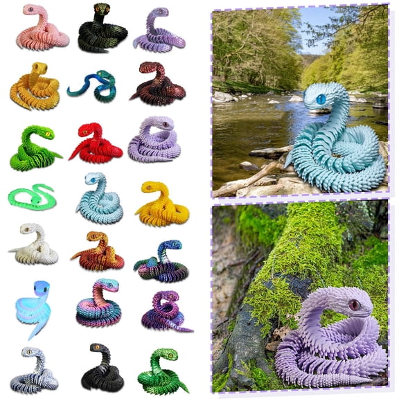 Christmas 11Pcs 3D Printed Articulated Snake Ornaments Luminous Flexible Viper Toys for Stress Relief and Car Decor, 12 Inch