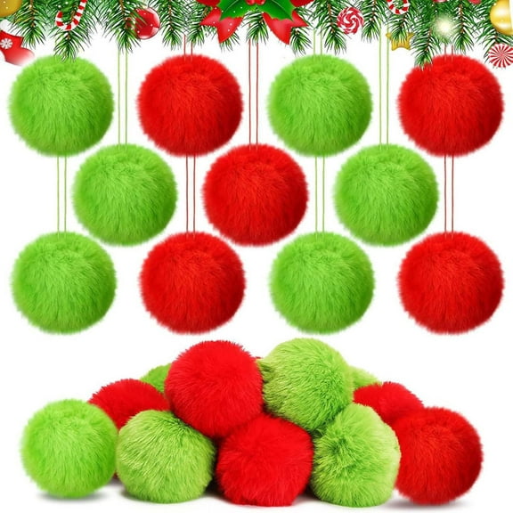 Christmas 12-Piece Set Of Green Furry Christmas Ornaments With Red Decorative Crafts Christmas Tree Hangings