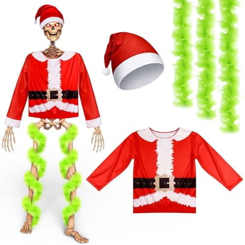 Christmas 12 ft Skeleton Santa Costume Accessories - Includes Claus Shirt, Hat, 26 ft Lime Green Garland for Garden Lawn Decorations (Skeleton Not Included)$$Garden & Patio