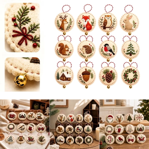 Christmas 12Pcs Embroidery Ornament Kit, Christmas Holiday DIY Set for Home Decor , Beginner Embroidery Kit for Adults