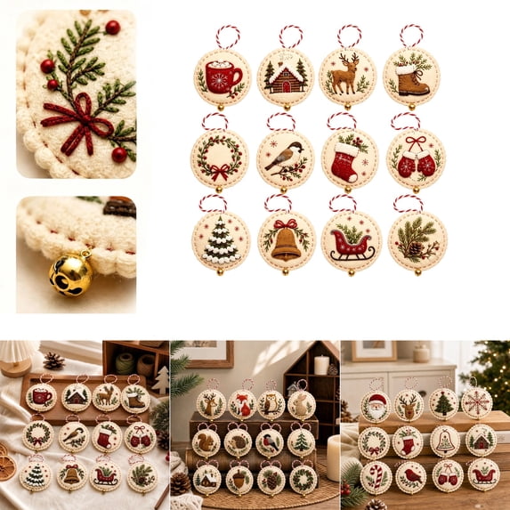 Christmas 12Pcs Embroidery Ornament Kit, Christmas Holiday DIY Set for Home Decor , Beginner Embroidery Kit for Adults
