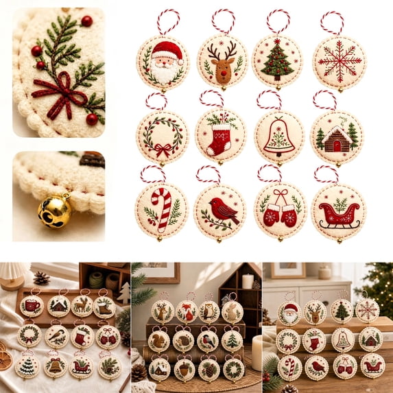Christmas 12Pcs Embroidery Ornament Kit, Christmas Holiday DIY Set for Home Decor , Beginner Embroidery Kit for Adults