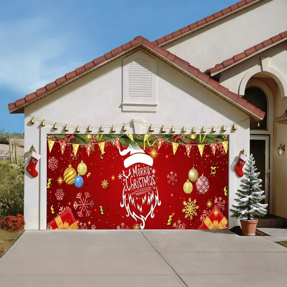 Christmas Red Garage Door Cover 16x7 FT Decorations, with Magnetic Hook and Elastic cord for Easy Installation, Large Banner Backdrop for 2 Car Garage Door Party Wall Door Gate, Xmas Gifts