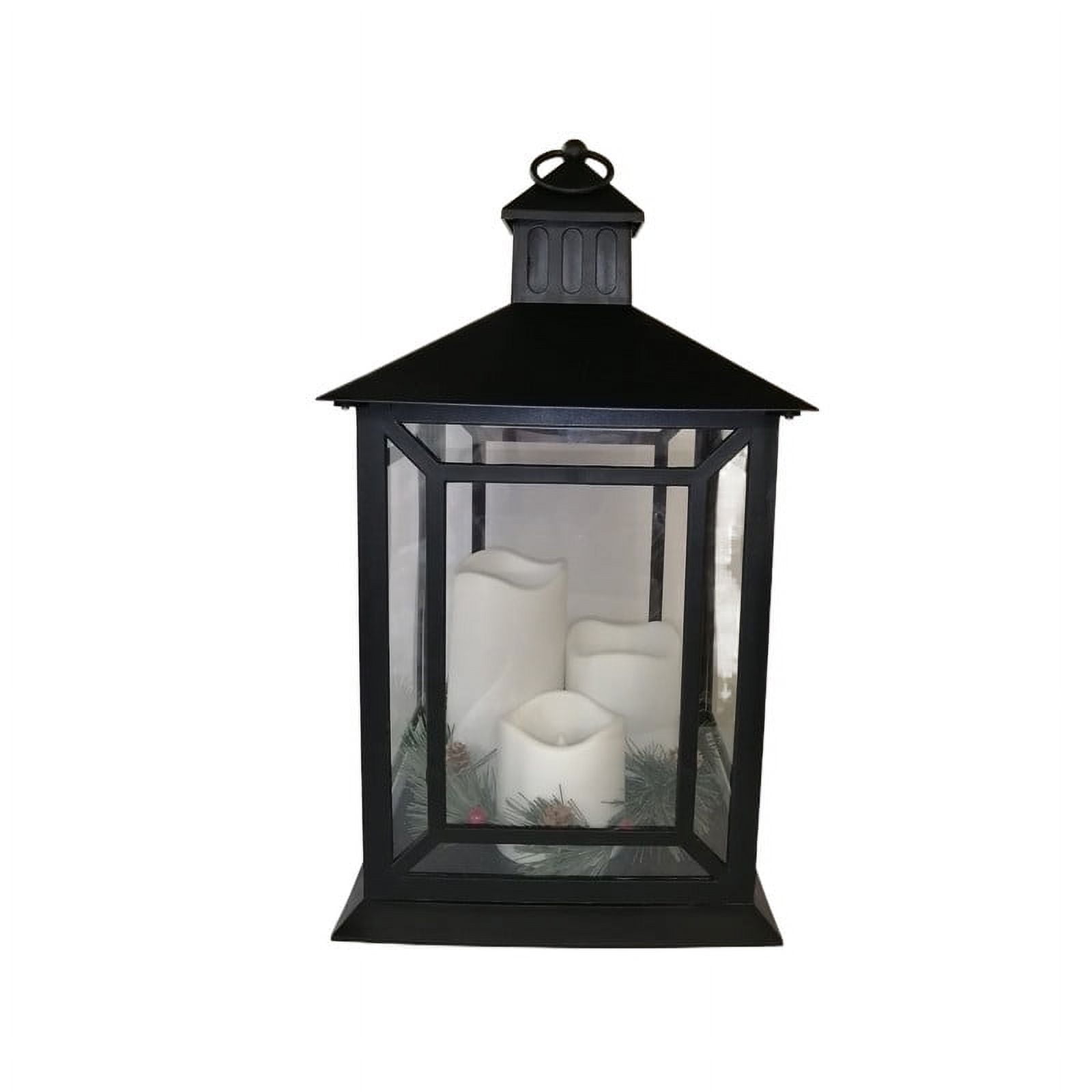 Christmas 17 in Black Plastic LED Pillar Candle Lantern, Single Pack